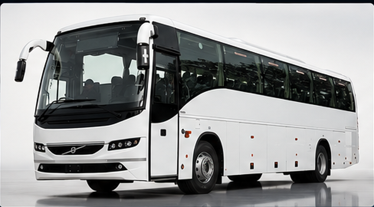 MBD white coach bus, side profile