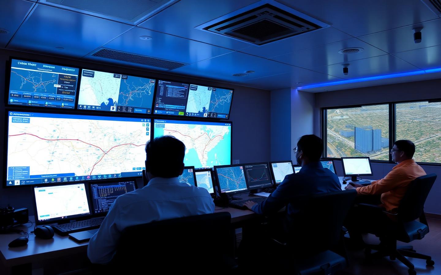 Transport operations team monitoring fleet routes on control room screens